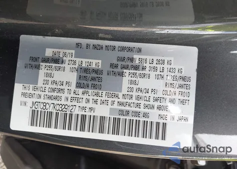 2019 Mazda Cx-9 Touring z USA, uszkodzony, nr VIN JM3TCBCY7K0329127